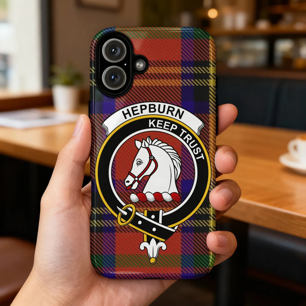 Hepburn Keep Trust tartan style phone case flat lay — full clan crest design visible