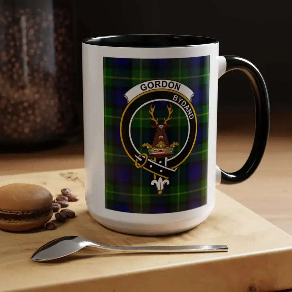 Gordon clan crest mug with navy accent interior — Scottish tartan 11oz ceramic mug