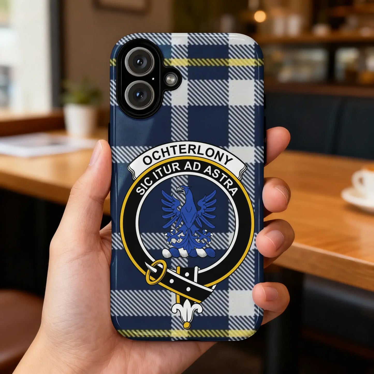 Blue Tartan Phone Case with Ochterlony Clan Crest for iPhone