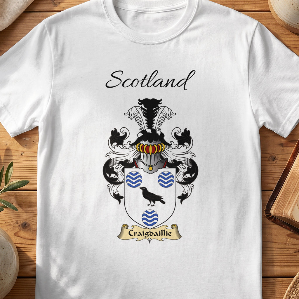 White Craigdaillie Scottish family shield T-shirt featuring a black bird between blue wavy roundels