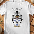 White Craigdaillie Scottish family shield T-shirt featuring a black bird between blue wavy roundels