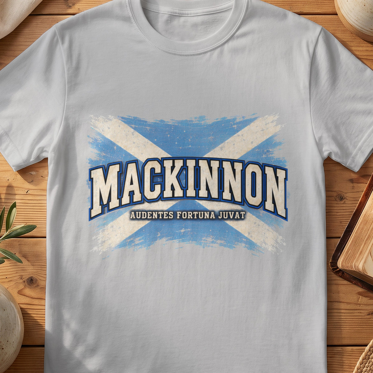 MacKinnon Scottish Saltire T-shirt in Sport Grey, with distressed blue and cream flag and “Audentes Fortuna Juvat” lettering.