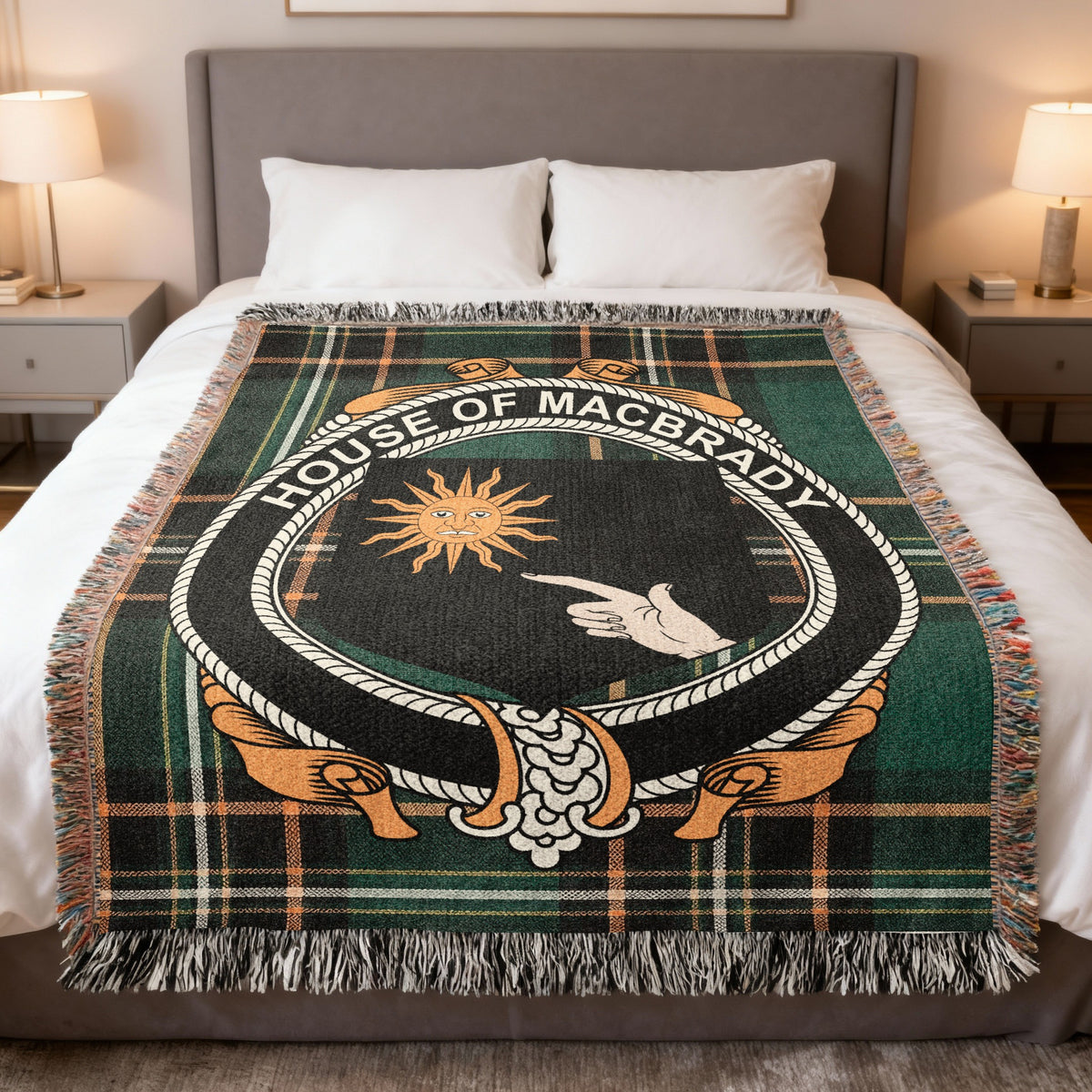 MacBrady Irish National Tartan woven blanket with family crest emblem
