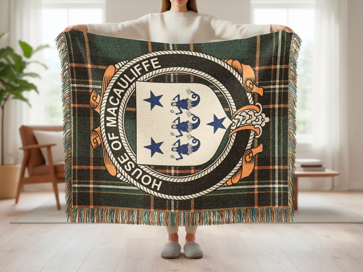 Macauliffe surname blanket showing Irish National Tartan woven design