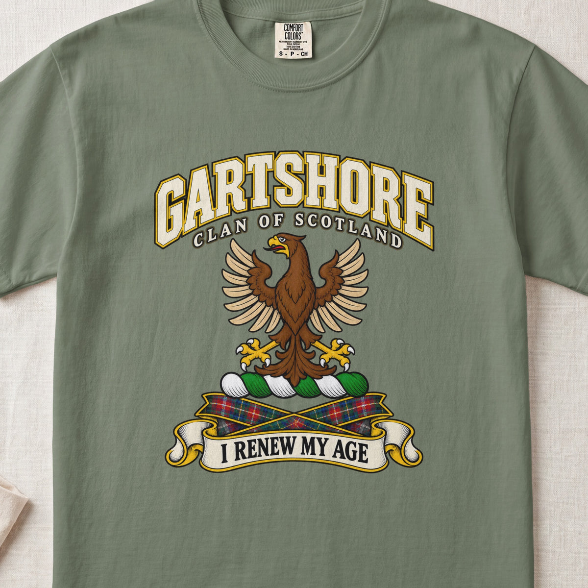 Gartshore Scottish clan T-shirt in Moss, front view with a brown eagle with spread wings and motto design.