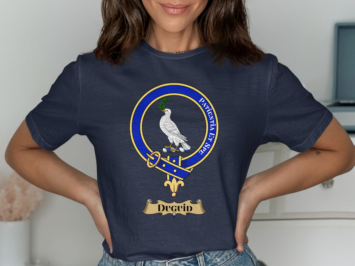 Duguid Scottish clan crest design on navy T-shirt