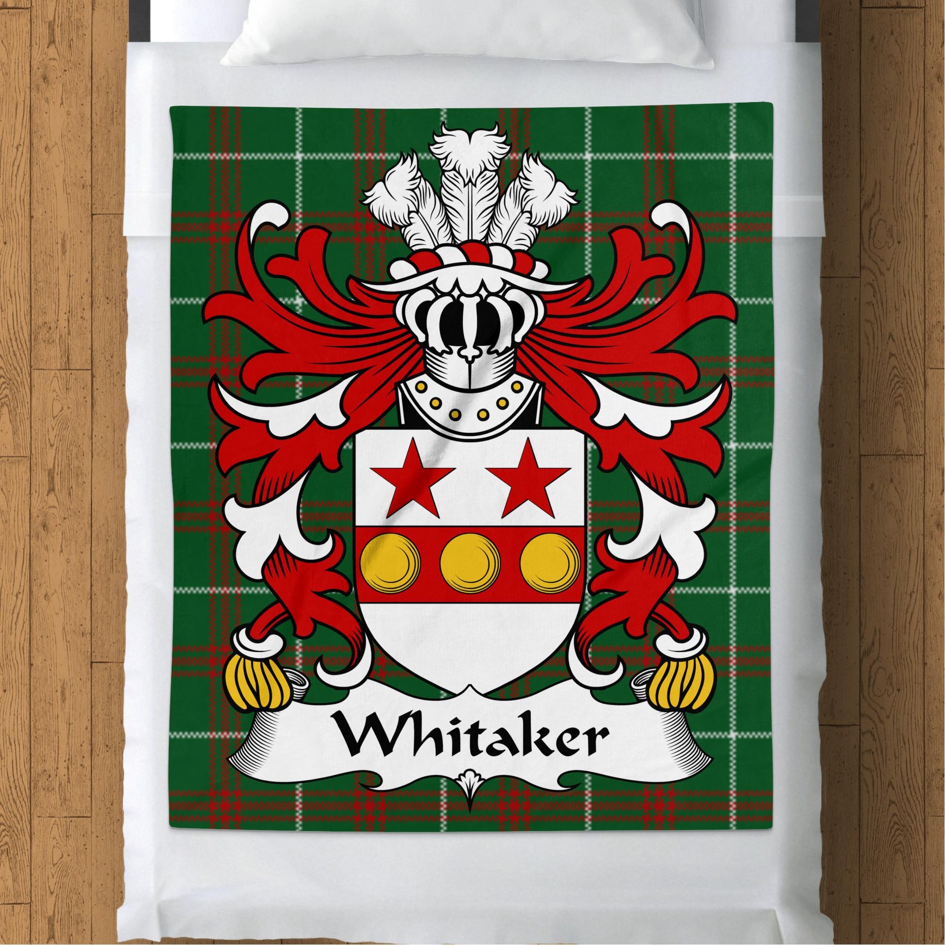 Whitaker Coat of Arms on Welsh National Tartan Background Blanket - Living Stone Gifts