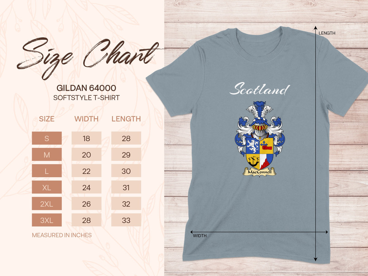 Gildan 64000 size chart for MacConnell Scottish family shield T-shirt