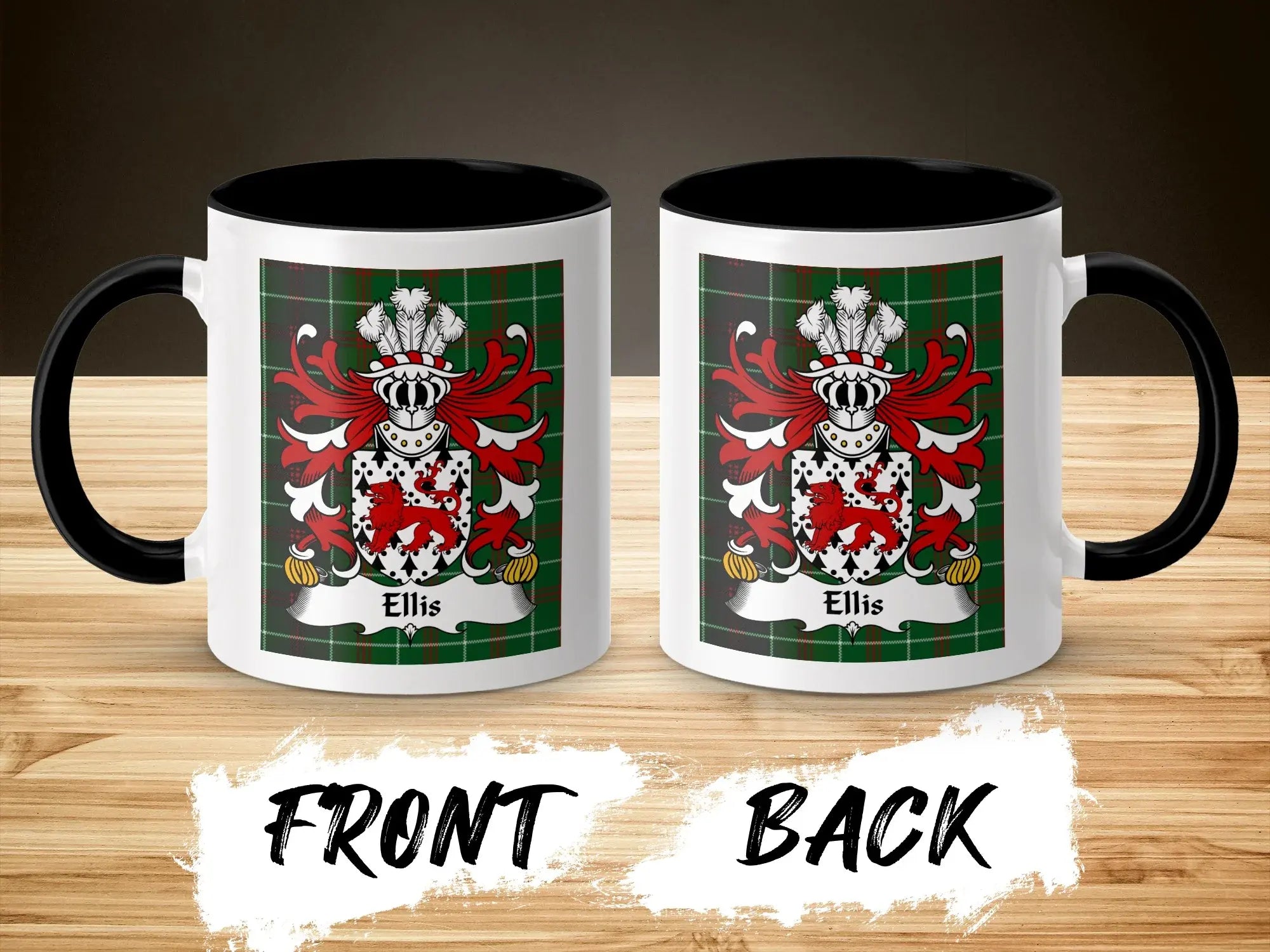 Ellis Welsh surname coffee mug front and back with heraldic coat of arms design
