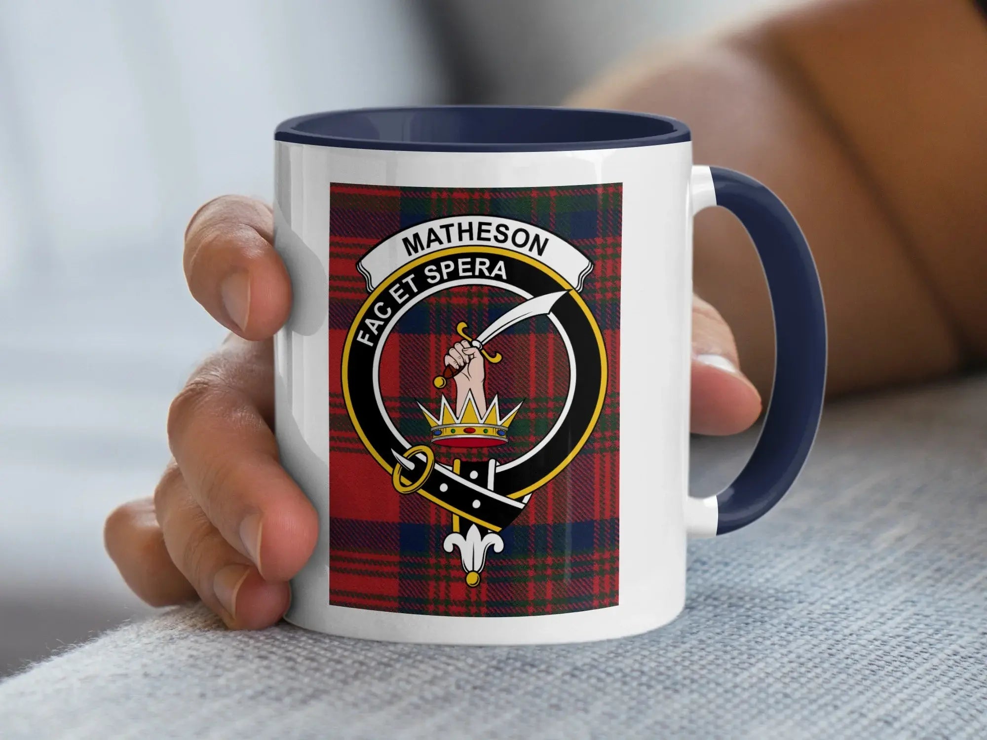 Matheson clan crest mug with navy handle — 15oz ceramic with tartan and Fac Et Spera motto