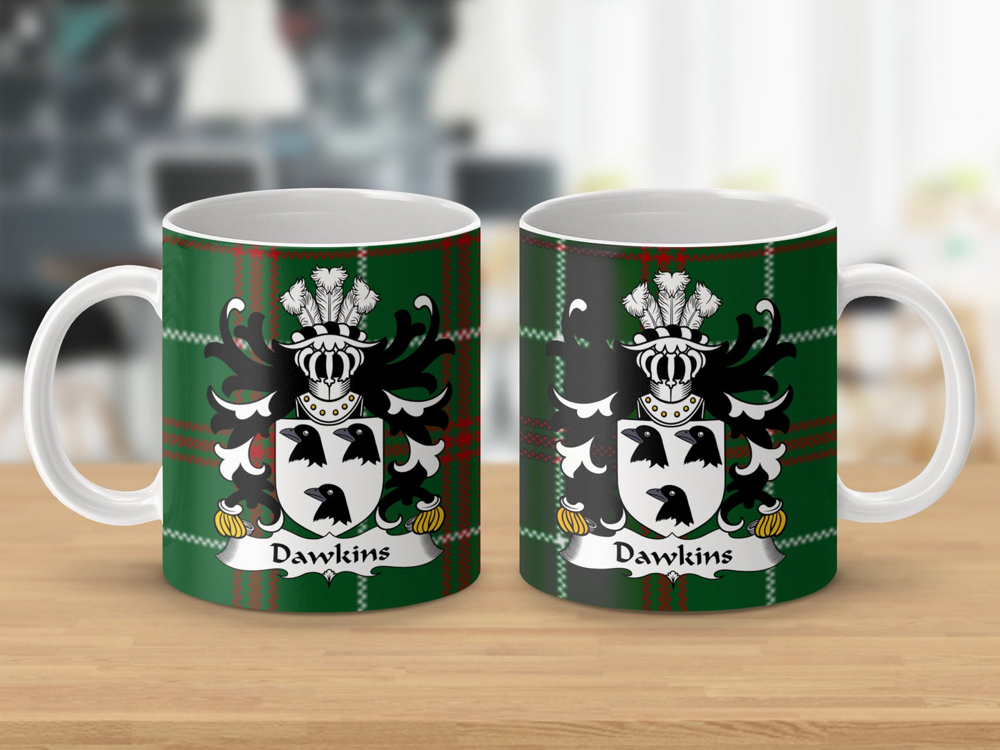 Dawkins Welsh Surname Coat of Arms on Tartan Background Mug - Living Stone Gifts