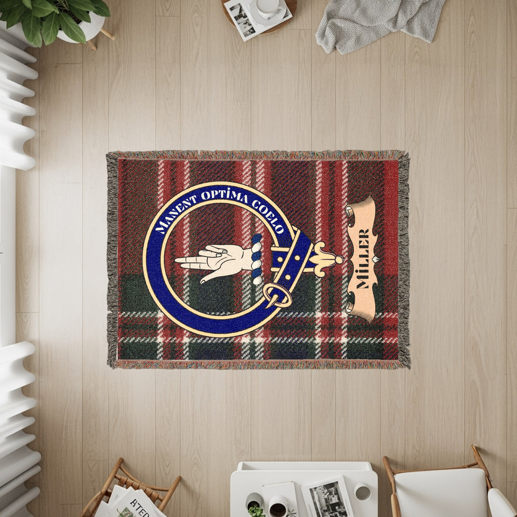 Miller tartan throw blanket with clan crest and motto: Manent Optima Cœlo.