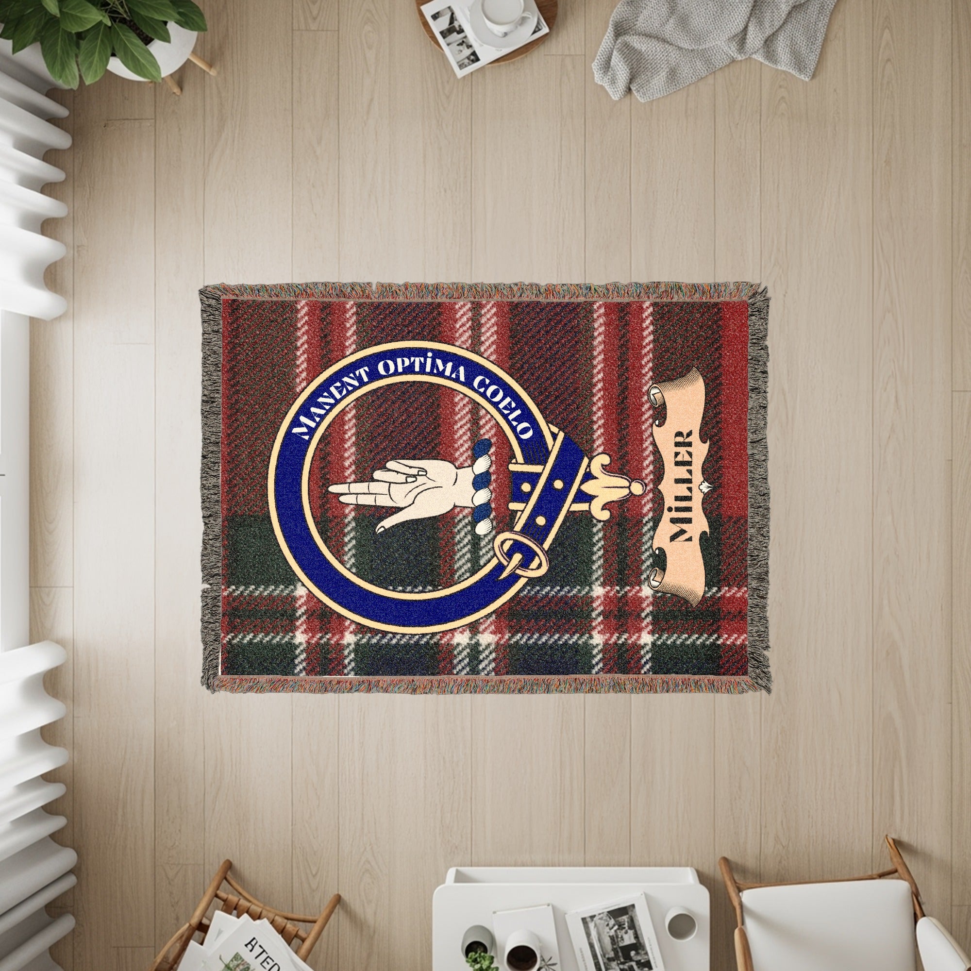Miller tartan throw blanket with clan crest and motto: Manent Optima Cœlo.