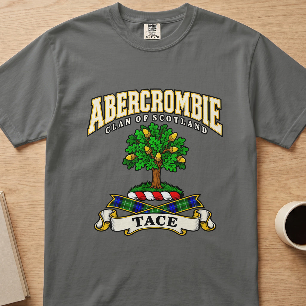 Abercrombie green tree with golden fruit detail graphic on a charcoal gray Comfort Colors T-shirt, front view
