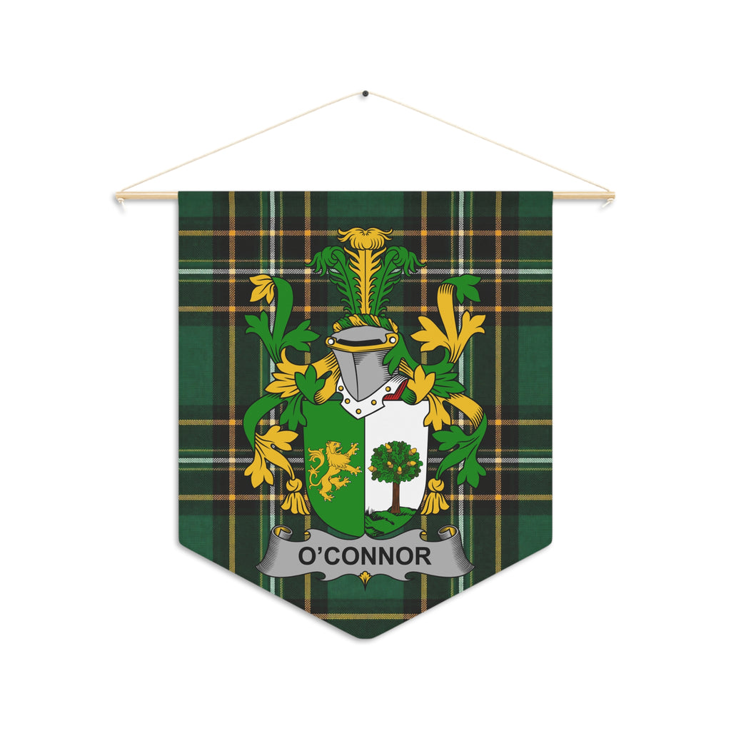 O'Connor family crest on a green plaid pennant banner hanging from a wooden rod.