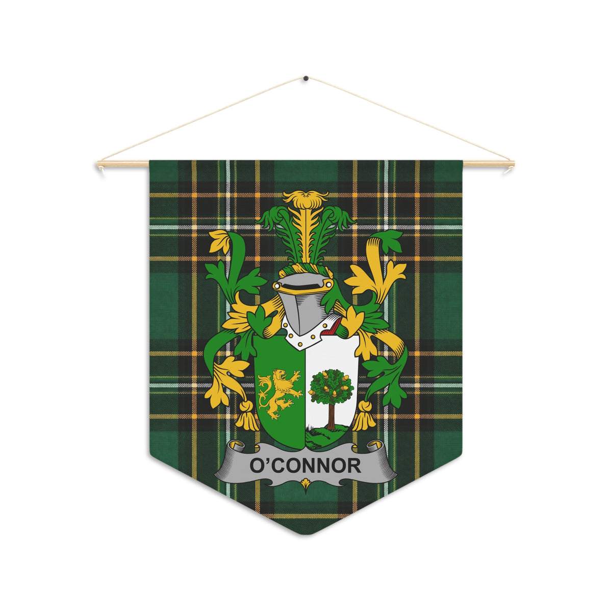 O'Connor family crest on a green plaid pennant banner hanging from a wooden rod.