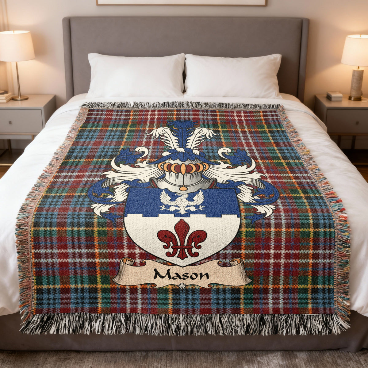 Mason Caledonia tartan heritage woven throw blanket with family shield