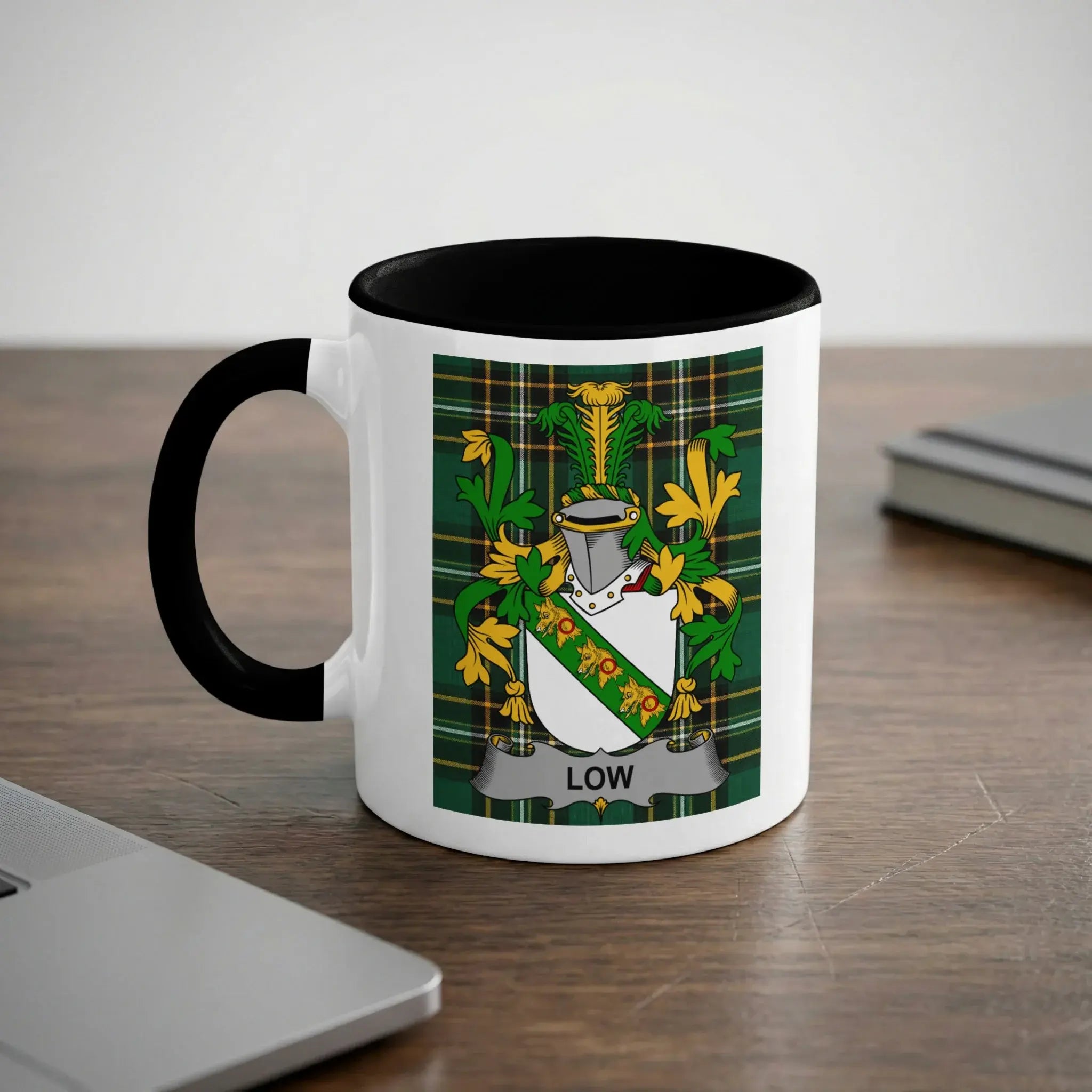 Low Irish heritage mug with black handle and family crest