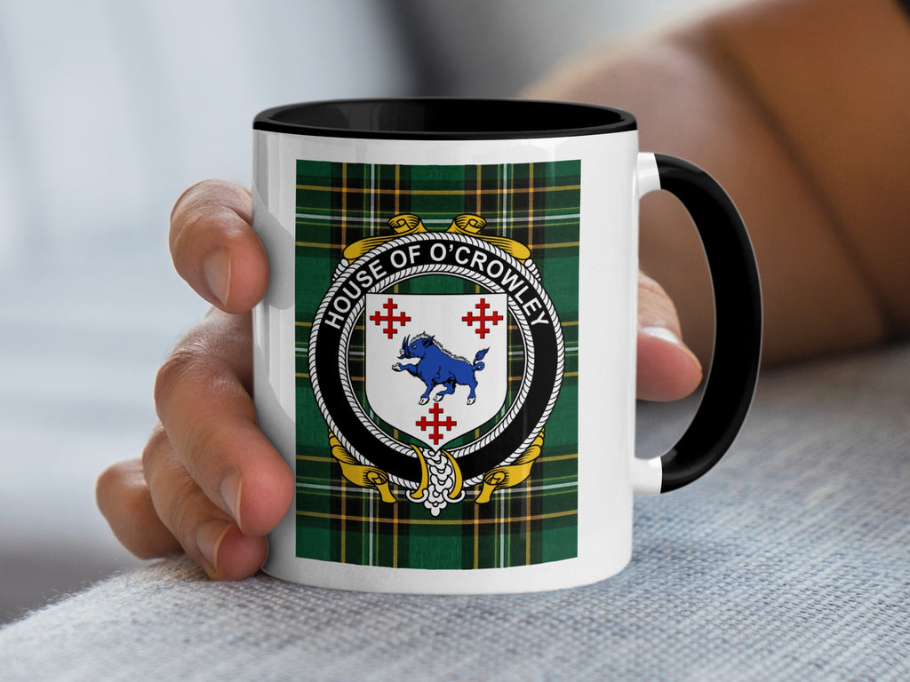 O'Crowley Irish National Tartan mug with family crest emblem