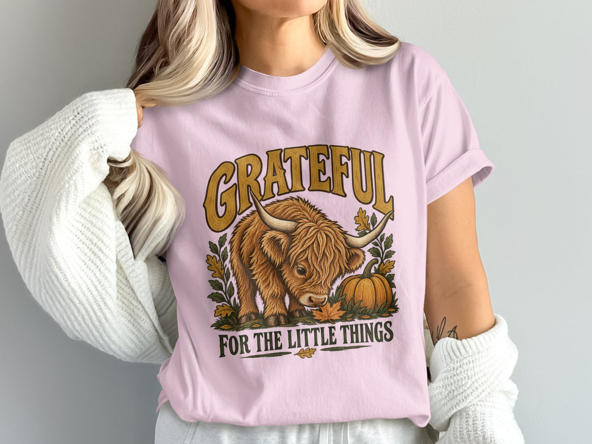 Model wearing the Grateful for the Little Things Highland cow Comfort Colors T-shirt in Blossom