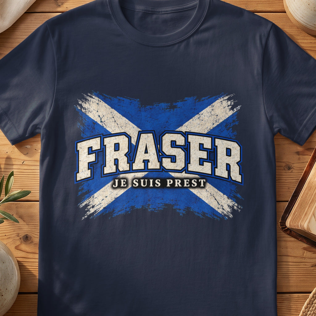 Fraser Scottish Saltire T-shirt in Navy, with distressed blue and cream flag and “Je Suis Prest” lettering.