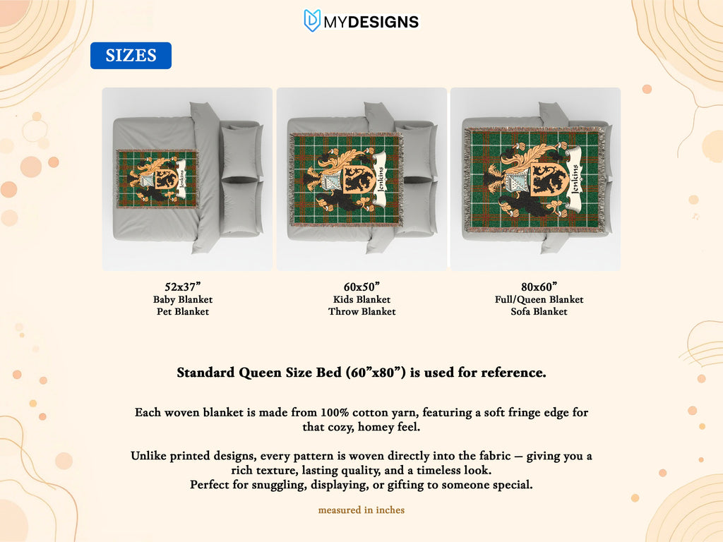 Woven blankets with crest patterns, shown in three sizes: baby, throw, and full/queen.