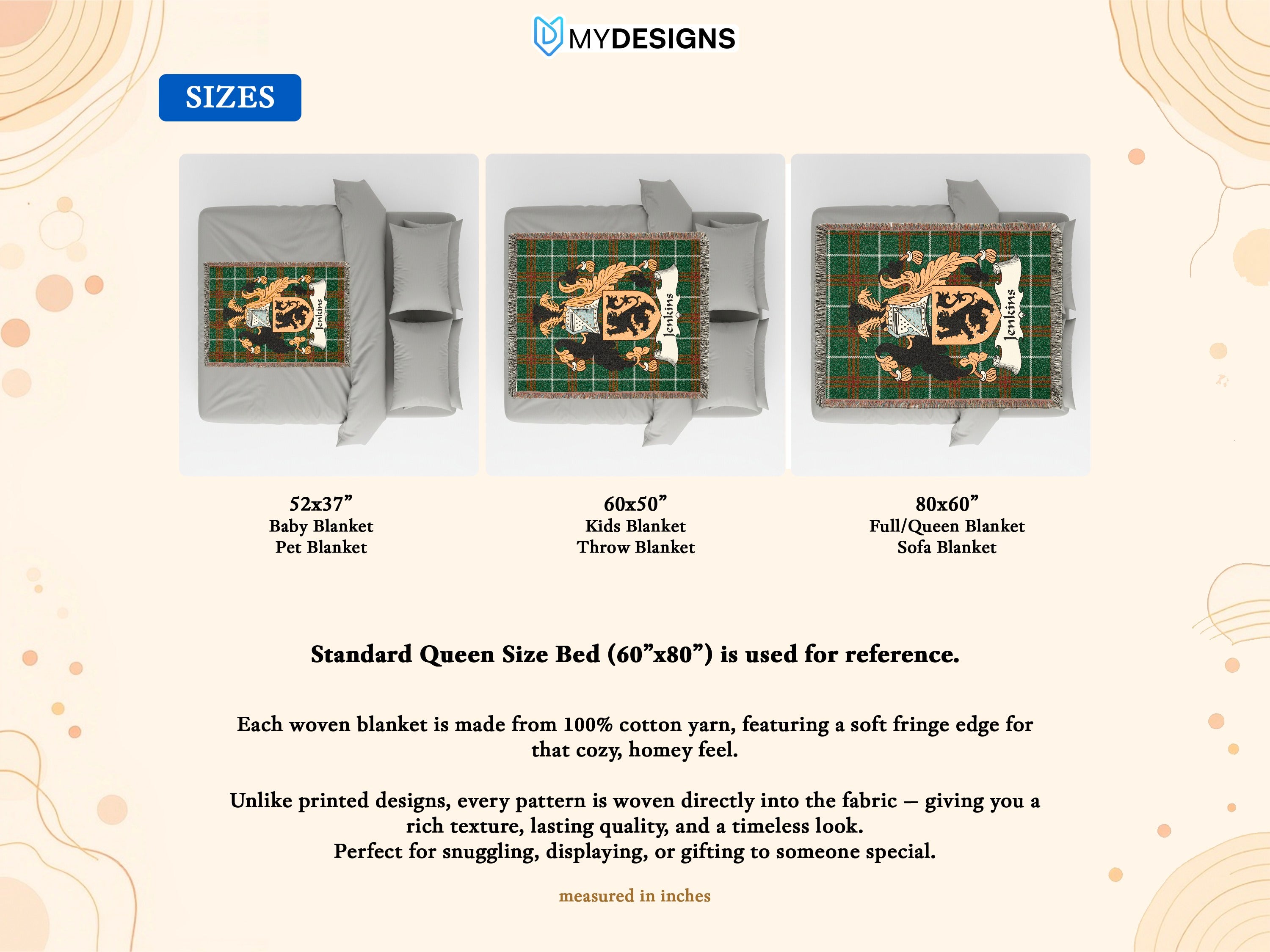 Woven blankets with crest patterns, shown in three sizes: baby, throw, and full/queen.