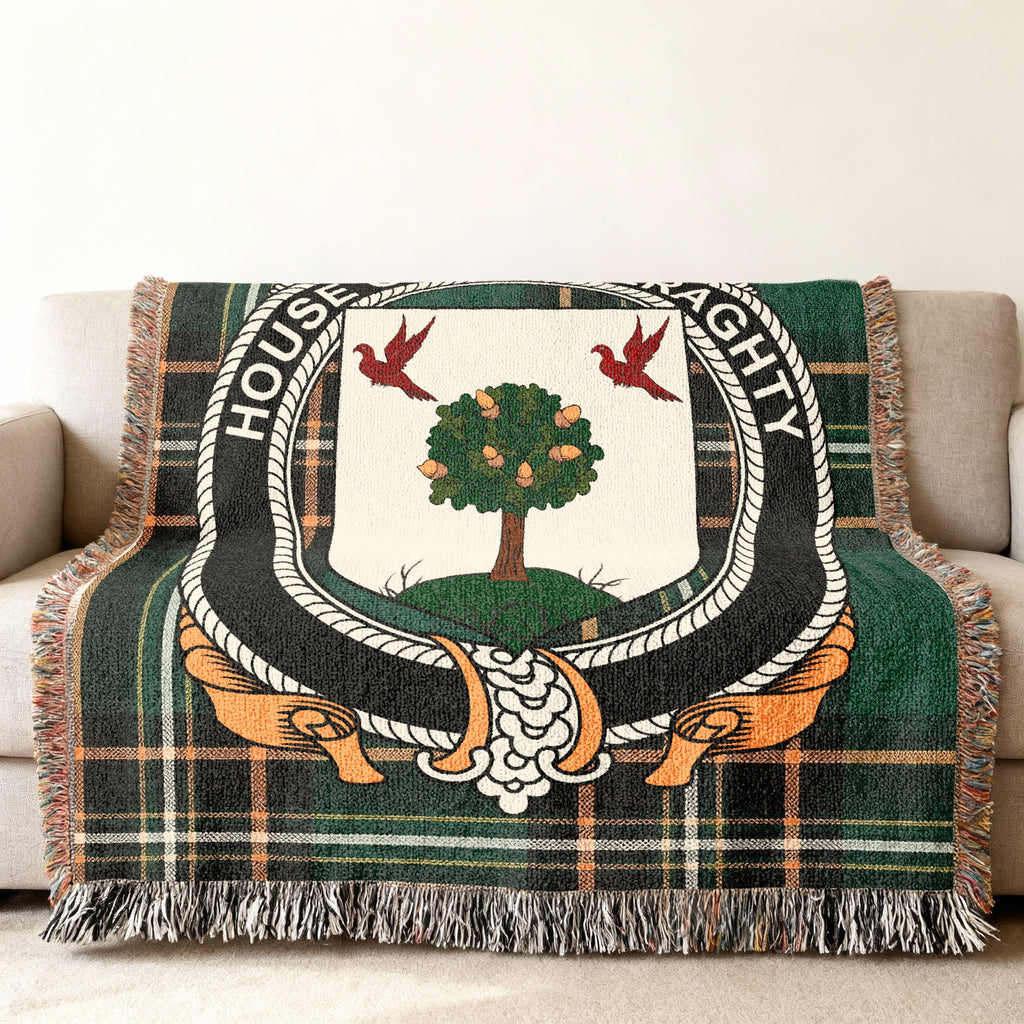 MacGeraghty Irish National Tartan woven blanket displayed on a sofa