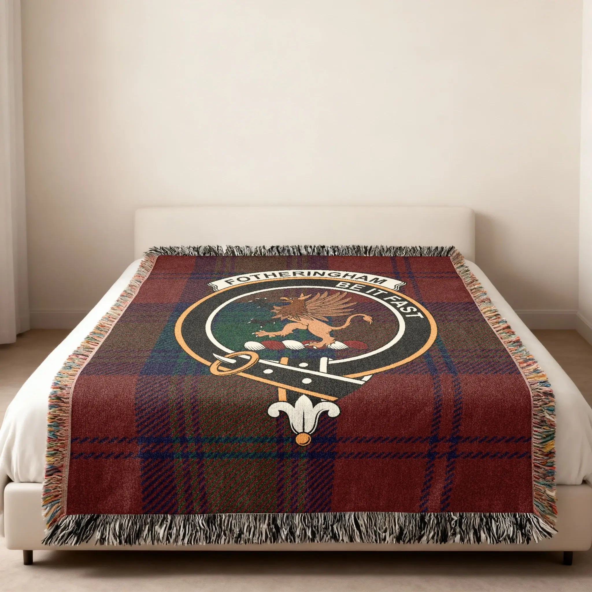 Fotheringham tartan blanket — 80x60 inch size laid flat showing full clan crest design