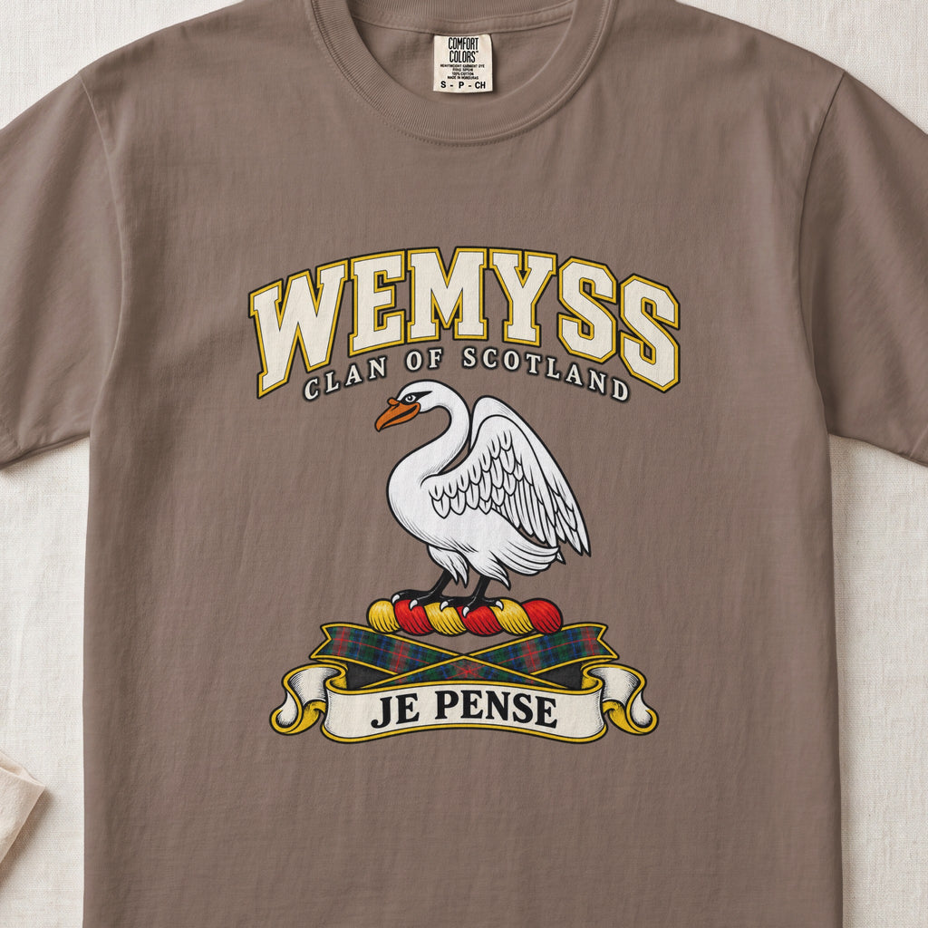 Wemyss Scottish clan T-shirt in Espresso, front view with a white swan and motto design.