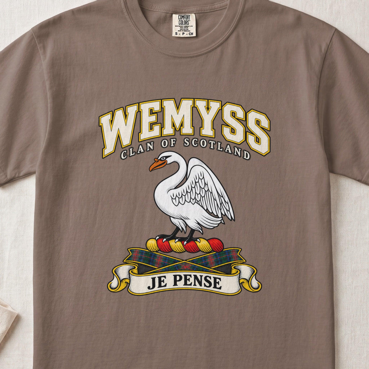 Wemyss Scottish clan T-shirt in Espresso, front view with a white swan and motto design.