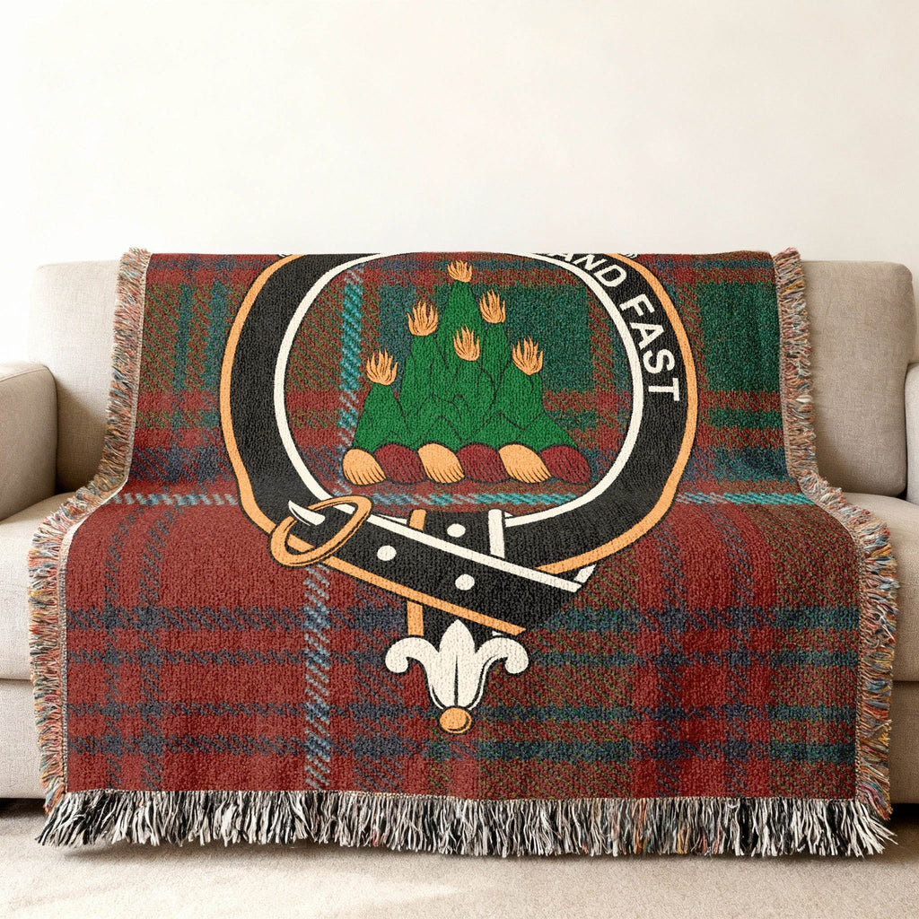 Grant clan crest tartan throw blanket — Stand Fast design on cotton weave, fringe edges