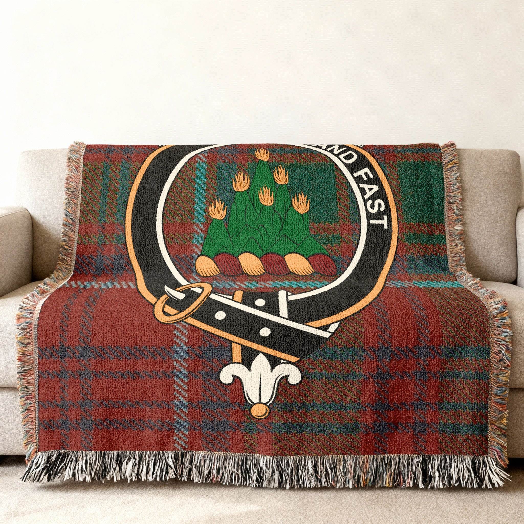 Grant clan crest tartan throw blanket — Stand Fast design on cotton weave, fringe edges