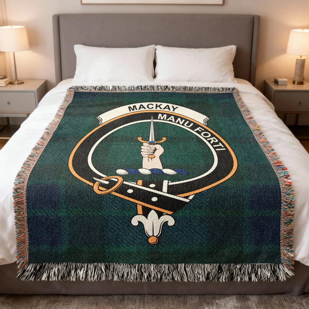 MacKay Manu Forti family crest woven blanket — 100% cotton with heraldic design at centre