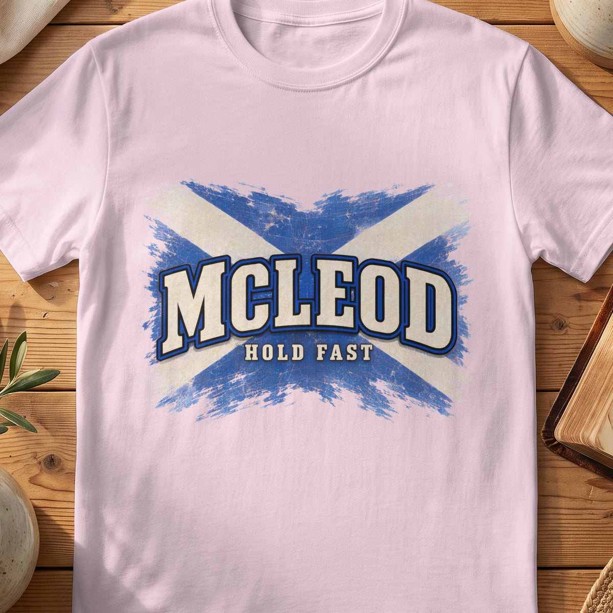 McLeod Scottish Saltire T-shirt in Light Pink, with distressed blue and cream flag and “Hold Fast” lettering.