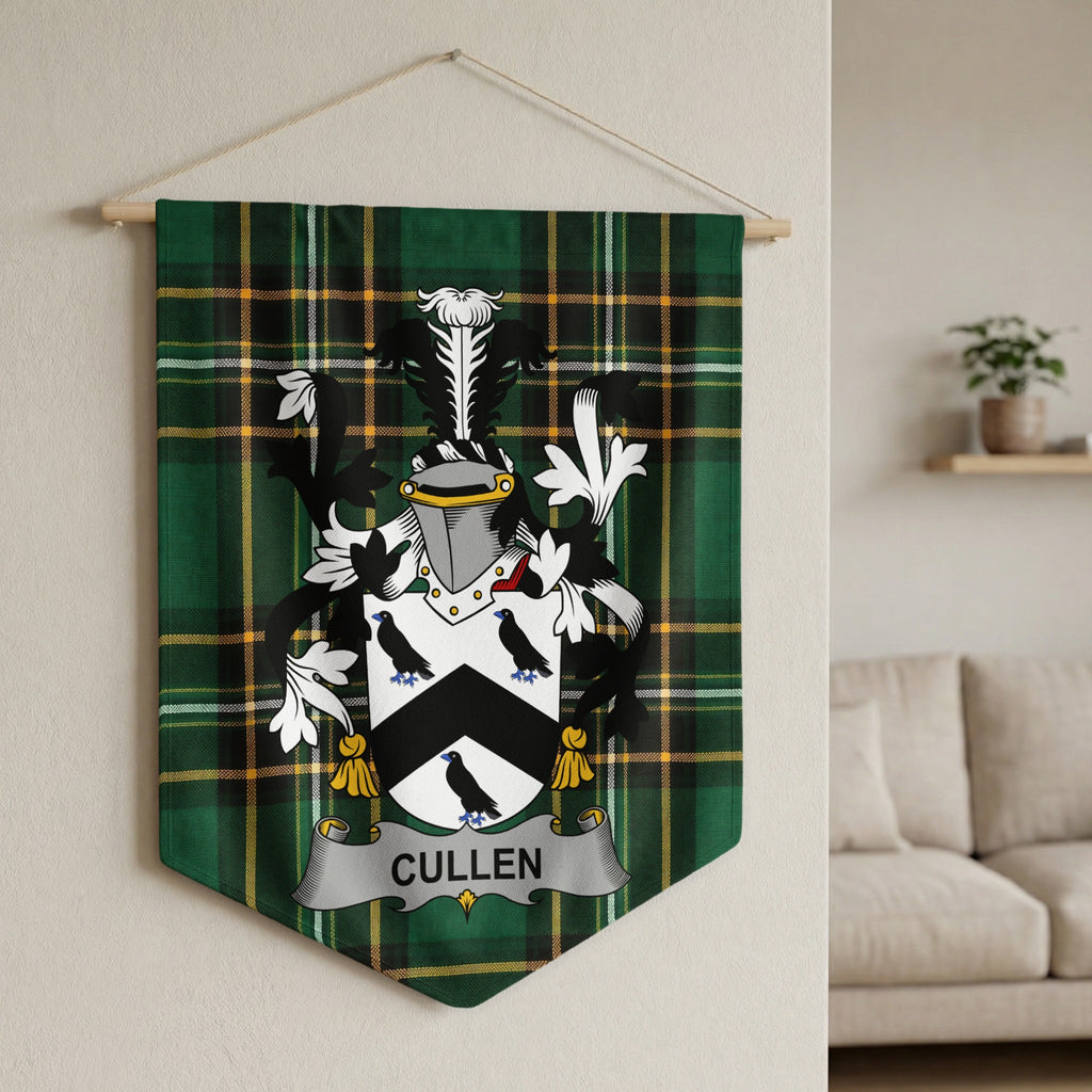 Crest on green tartan banner with text "CULLEN" hanging from wooden rod.