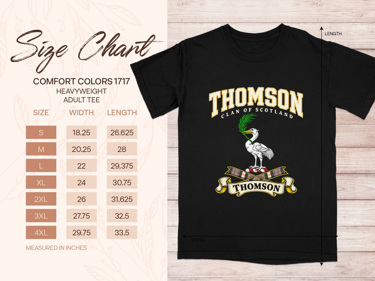 Comfort Colors 1717 size chart in inches with a black Thomson clan crest T-shirt preview