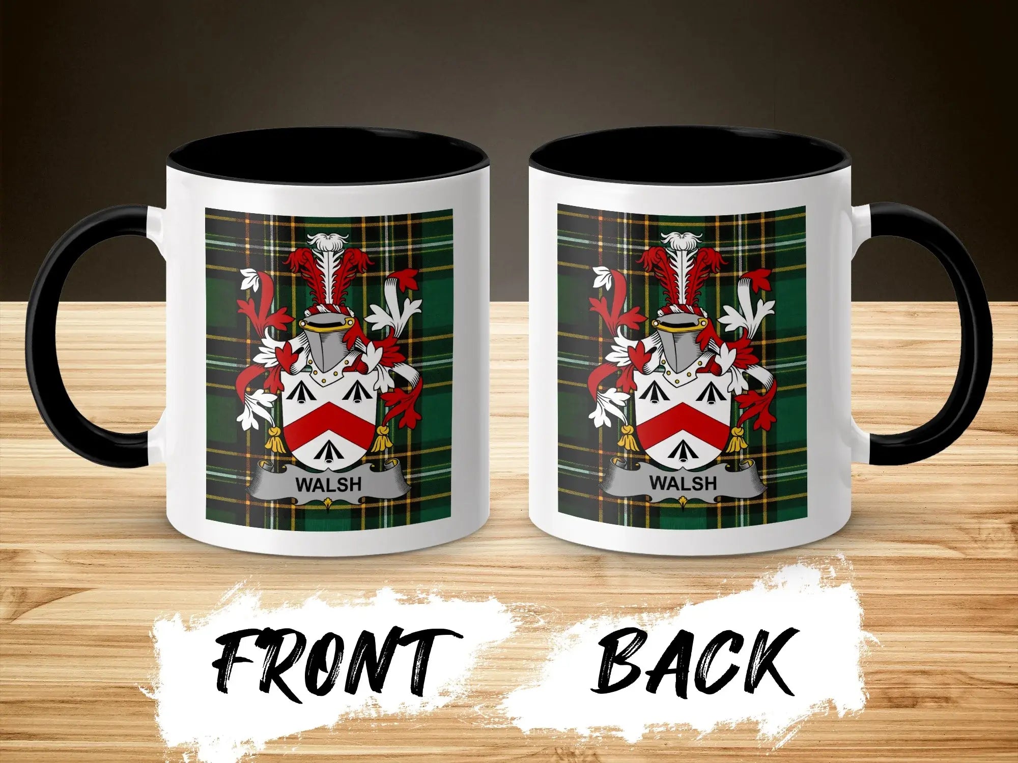 White mug with tartan plaid and "WALSH" family crest on front and back.