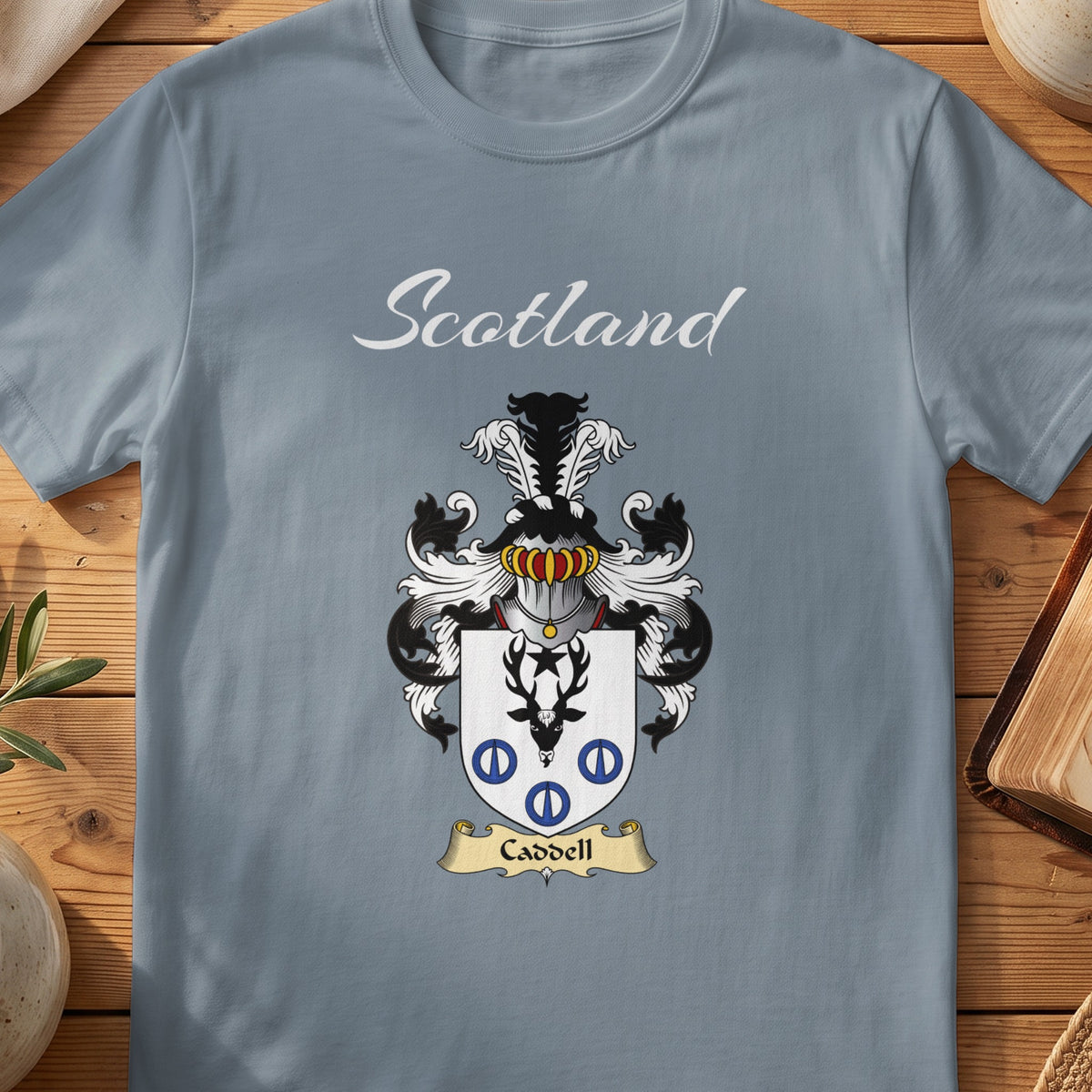 Caddell Scottish family shield T-shirt in Stone Blue