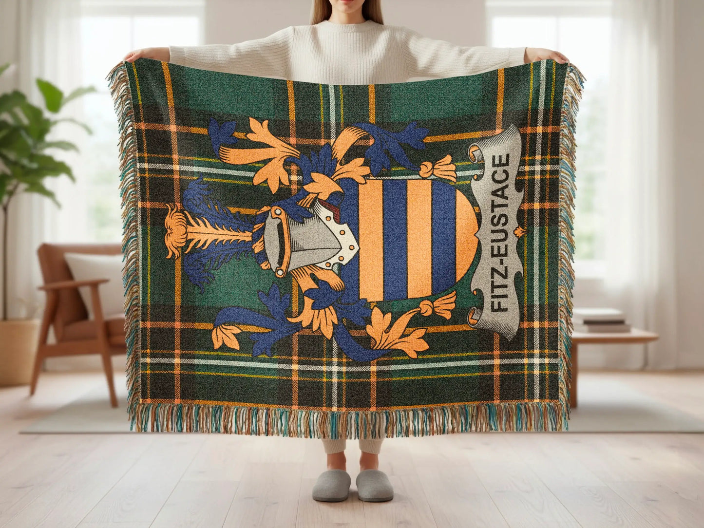 Fitz-Eustace tartan plaid throw blanket with blue and orange crest.