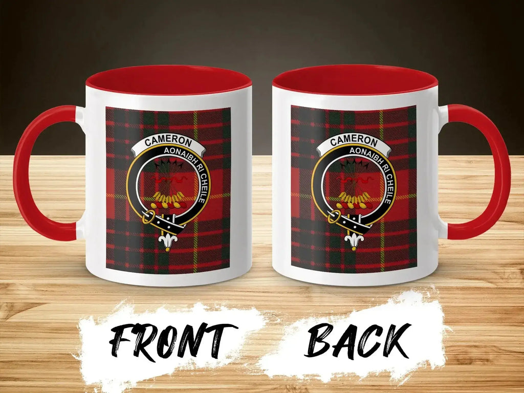Cameron clan crest accent mug 11oz with red handle — Aonaibh Ri Chéile on glossy ceramic