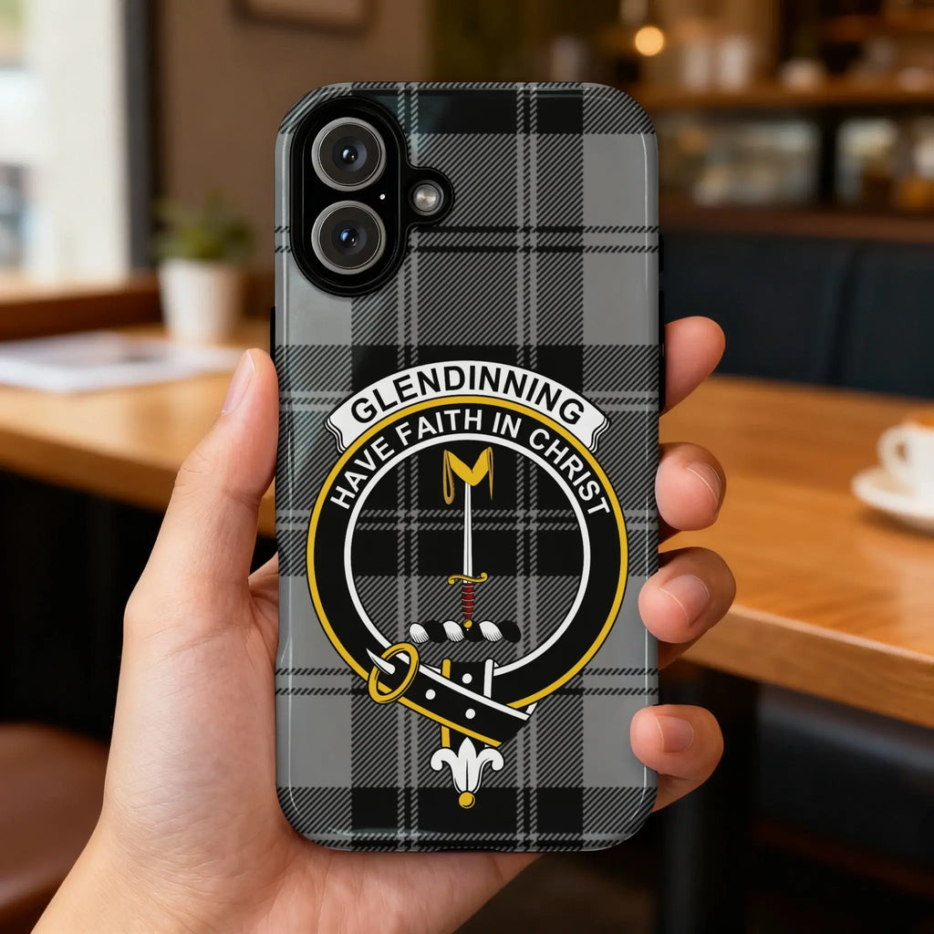 Glendinning tartan phone case on iPhone — full-wrap crest design showing tartan pattern, rear view