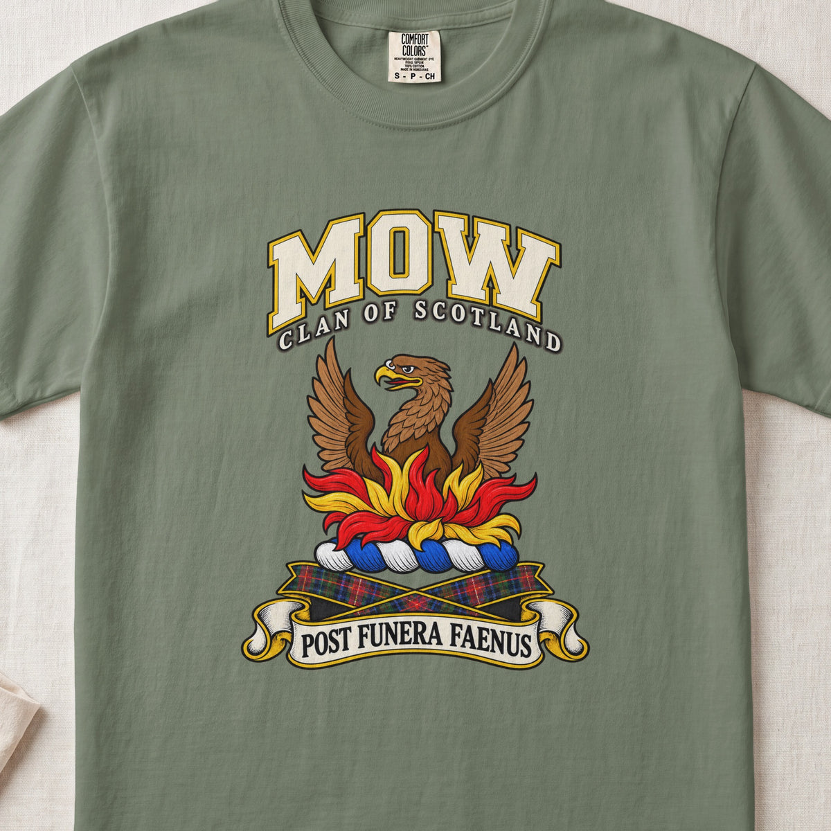 Mow Scottish clan T-shirt in Moss, front view with a brown bird with spread wings rising above red and gold flames and motto design.