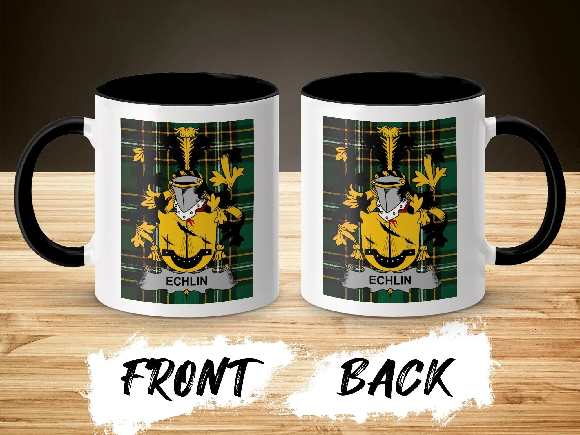 Mug with Echlin family crest on front and back.