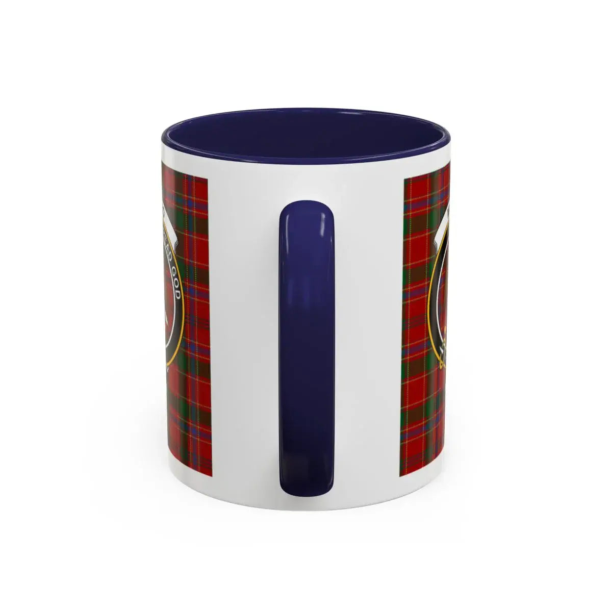Munro Dread God clan tartan pattern on ceramic accent mug — eagle crest in navy colourway