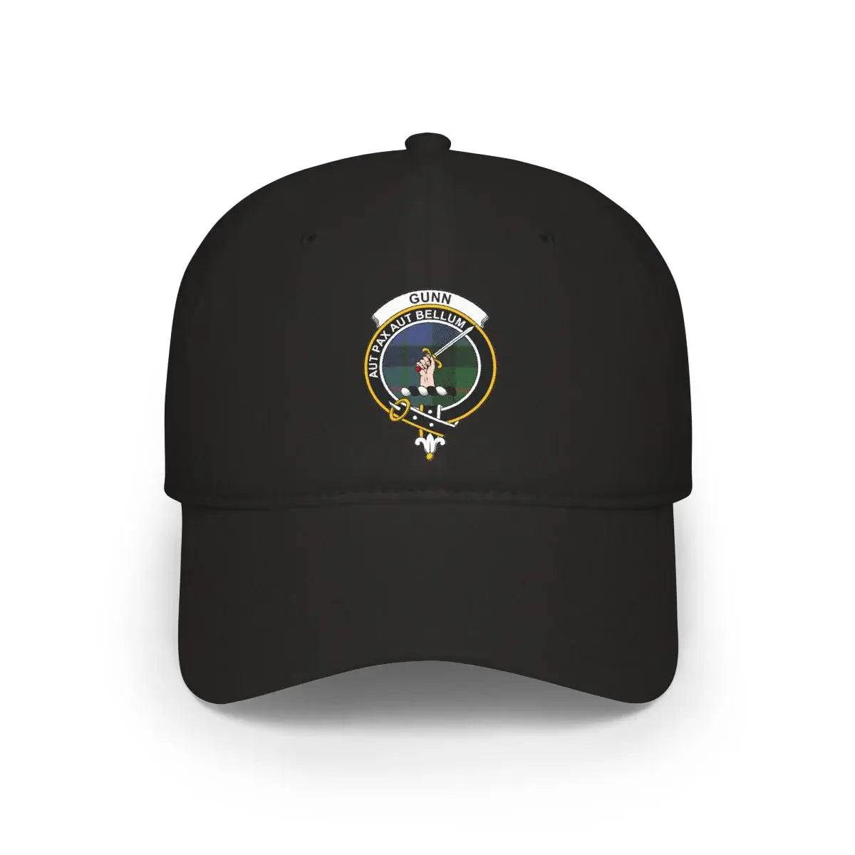 Gunn clan crest tartan cap in black — 100% cotton with Aut Pax Aut Bellum heraldic design
