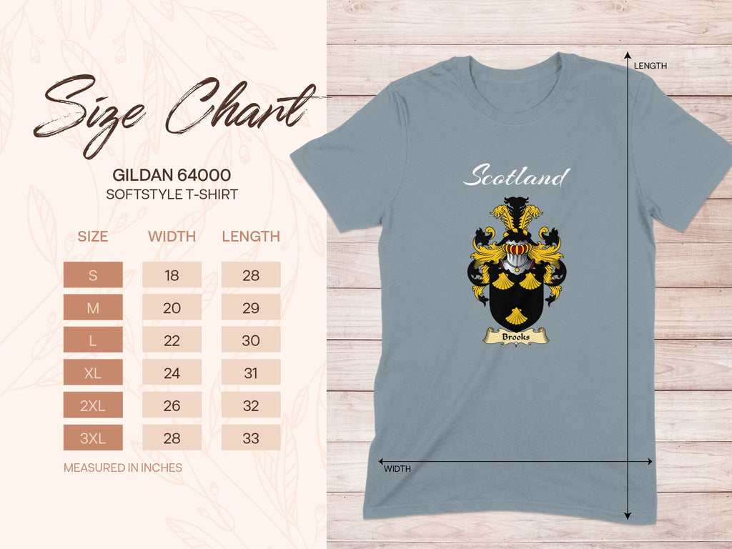 Gildan 64000 size chart for Brooks Scottish family shield T-shirt