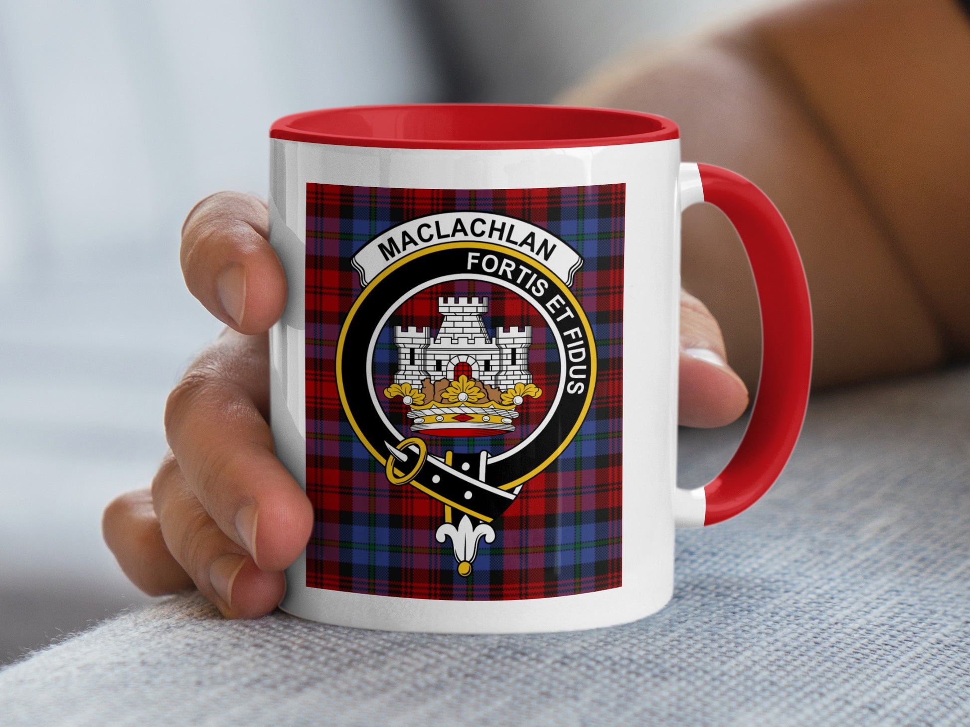 White mug with red handle, featuring a Maclachlan tartan and crest.