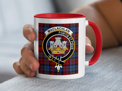 White mug with red handle, featuring a Maclachlan tartan and crest.