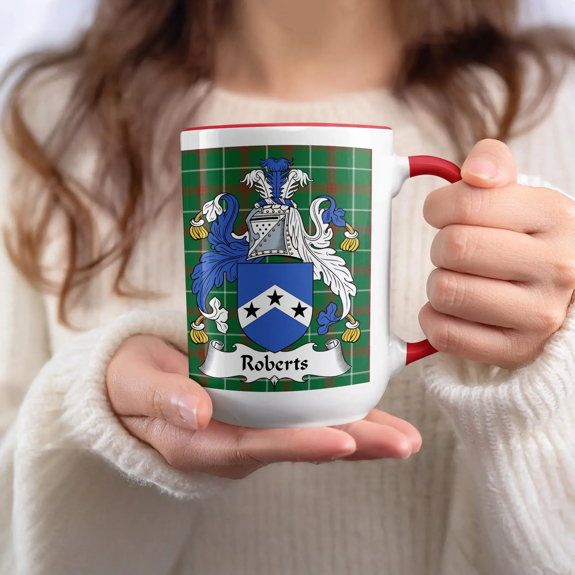 Roberts Welsh family name mug with red accent and coat of arms on tartan background
